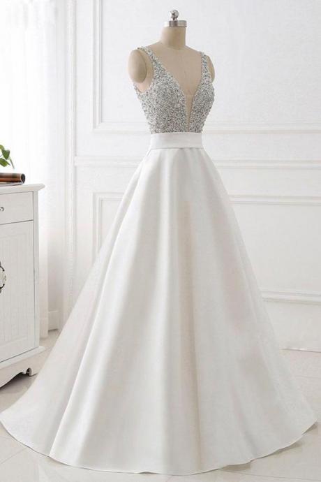 A Line V Neck Off The Shoulder Beads Ivory Backless Prom Dresses Evening Gown Party Dress ,pl0413