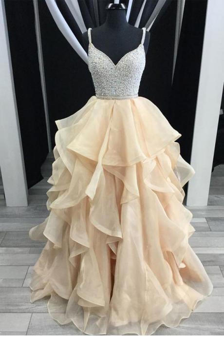 Spaghetti Straps Rhinestones Tiered Skirt Hi-lo Backless Prom Dresses Evening Gowns Dress,pl0416