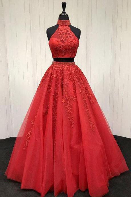 Fashion Lace Appliques Backless 2 Pieces Red Prom Dresses Evening Gowns Party Dress ,pl0417