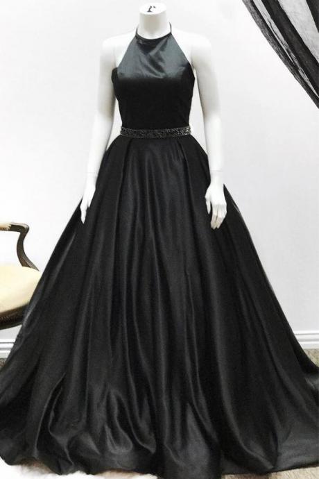 A Line High Neck Black Satin Prom Dresses Evening Dress Party Gowns,pl0418