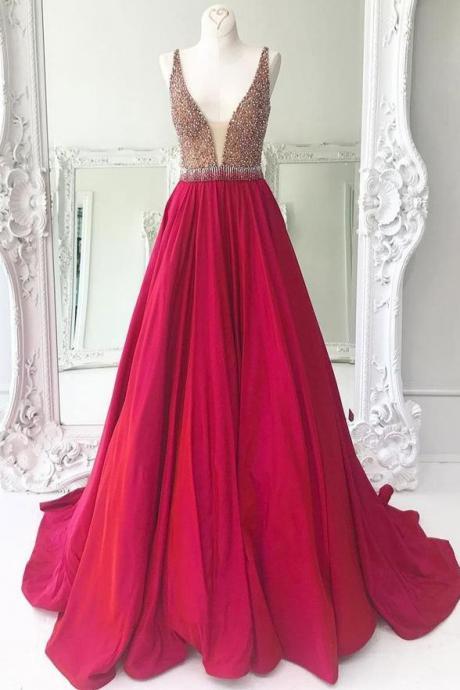 A Line Princess Real Picture Pink V Neck Beaded Prom Dresses Evening Gown Party Dress,pl0421