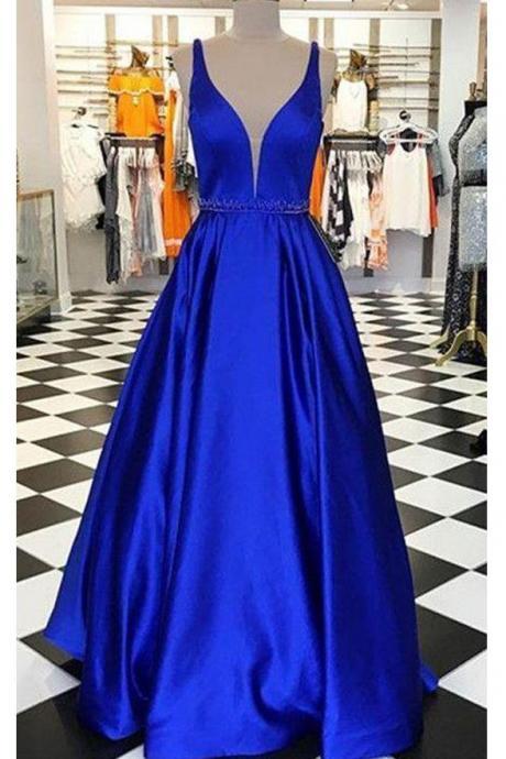 Off The Shoulder V Neck Royal Blue Satin Long Prom Dresses Evening Gown Party Dress,pl0422