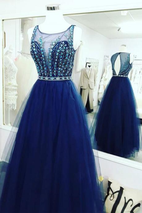 Fashion Royal Blue Tulle Beaded Back O Long Prom Dresses Evening Gowns Party Dress,pl0425