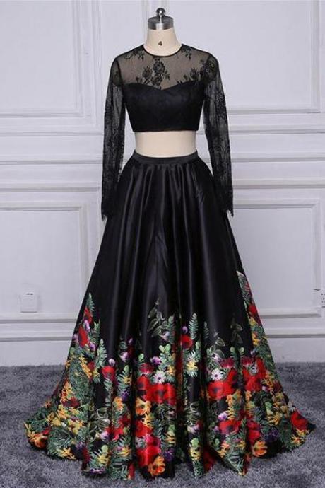 Chic 2 Pieces Long Sleeves Black Lace Embroidery Prom Dresses Evening Gown Party Dress,pl0426