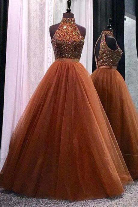 A Line Princess High Neck Beaded Tulle Backless Prom Dresses Evening Gown Graduation Dress,pl0427