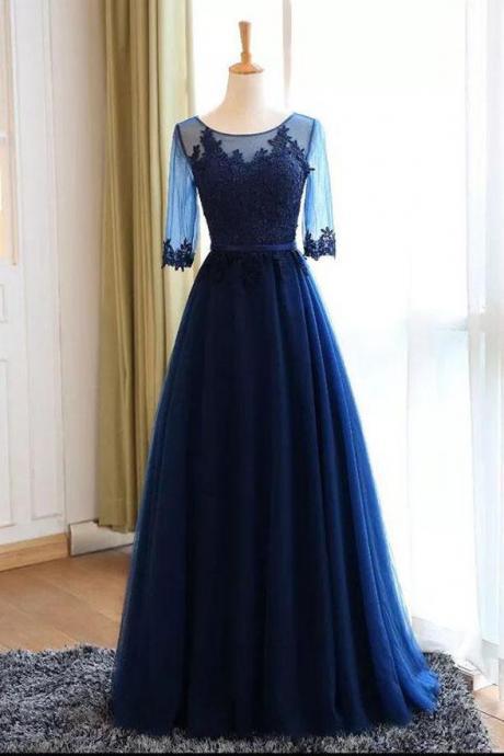 Real Photo Dark Blue Long Sleeves Lace Floor Length Prom Dresses Evening Dress Party Gowns,pl0430