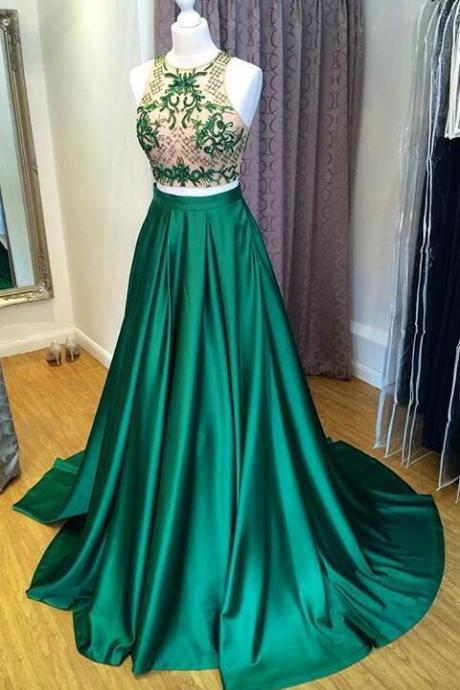 2 Pieces Green Satin Prom Dresses A Line Long Beads Evening Dress Party Gown,pl0431