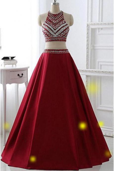Two Piece Burgundy Prom Dress A Line High Neck Rhinestones Evening Dresses Party Gowns,pl0432