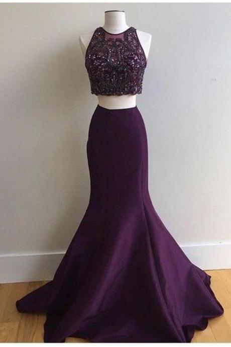 2 Pieces Grape Mermaid Prom Dresses High Neck Rhinestones Evening Dress Party Gown ,pl0433
