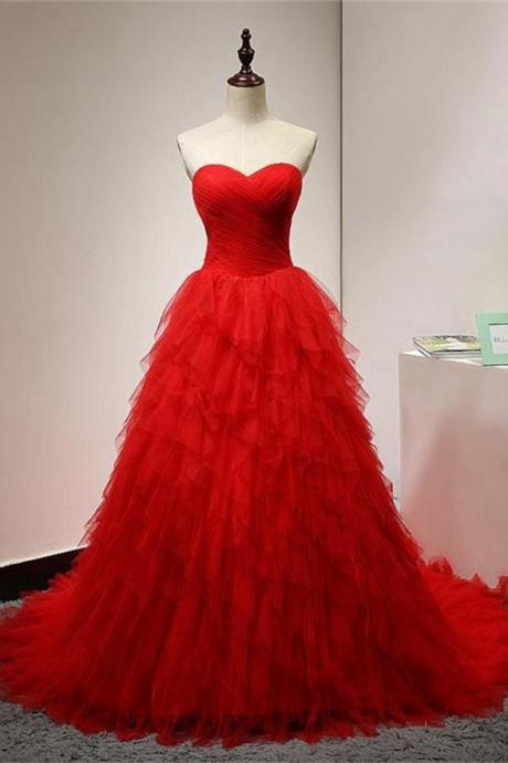 Sweetheart Ball Gown Red Tiered Tulle Prom Dresses Graduation Dress Party Gowns ,pl0435