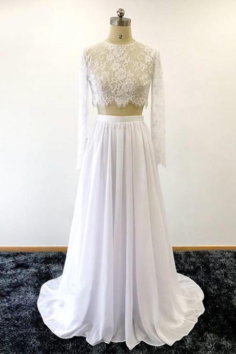 2 Pieces Long Sleeves White Lace Wedding Dresses See Through Bridal Dress Prom Dress,pl0436