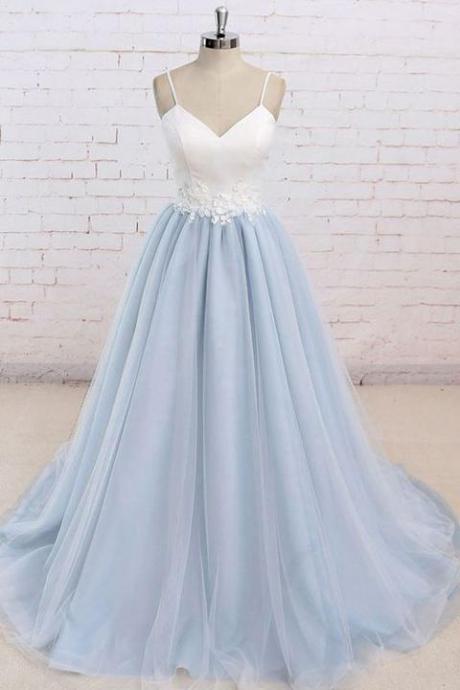 Spaghetti Straps Light Blue White Tulle Appliques Prom Dresses Evening Dress Party Gowns,pl0438