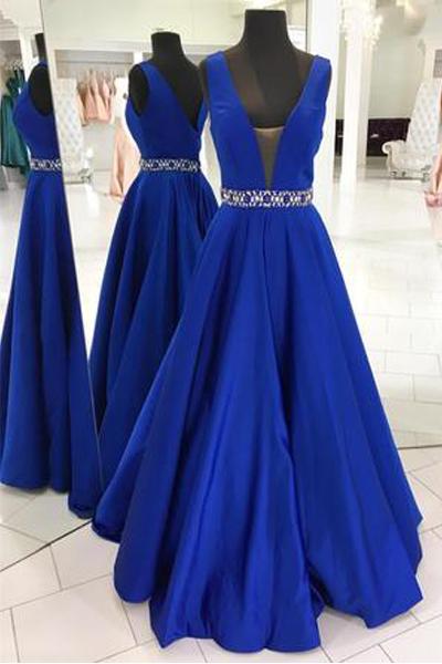 Off The Shoulder V Neck Royal Blue Beads Belt A Line Prom Dresses Evening Gown Party Dress,pl0439