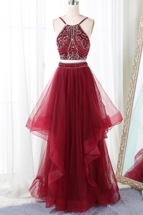 Burgundy Spaghetti Straps Backless 2 Pieces Prom Dresses Evening Dress Party Gowns,pl0442
