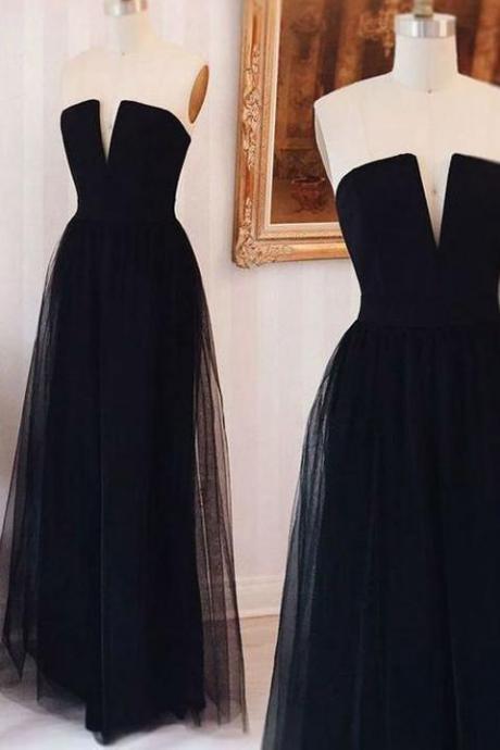 Elegant Black Tulle V Neck Long Prom Dresses Evening Quinceanera Dress,pl0445
