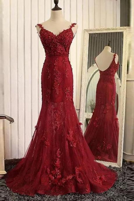 Burgundy Lace Mermaid Prom Dresses Spaghetti Straps Evening Gowns，pl0451