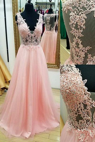 Pink Lace Off Shoulder V Neck See Through Evening Prom Dress Party Gowns ,pl0452