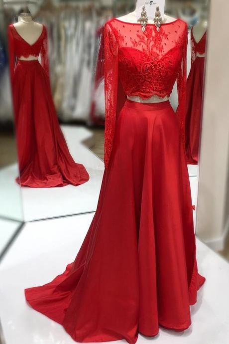 Long Sleeves 2 Piece Red Lace Back V Long Prom Dresses Party Gown. Pl0453