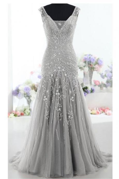 Embroidery Mermaid Sleeveless Silver Evening Prom Dress Party Gowns ,PL0454