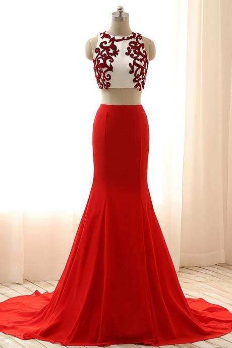 2 Piece Red Chiffon High Neck Mermaid Prom Dress Evening Gowns, Pl0455