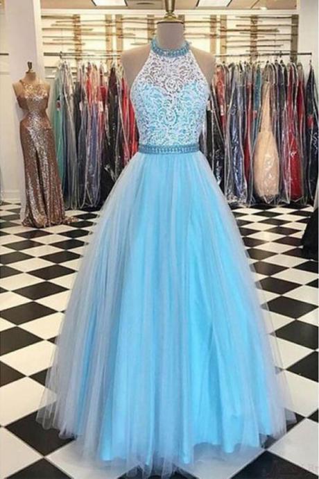 White Lace Light Blue High Neck Halter Prom Dress Evening Gowns ,pl0456
