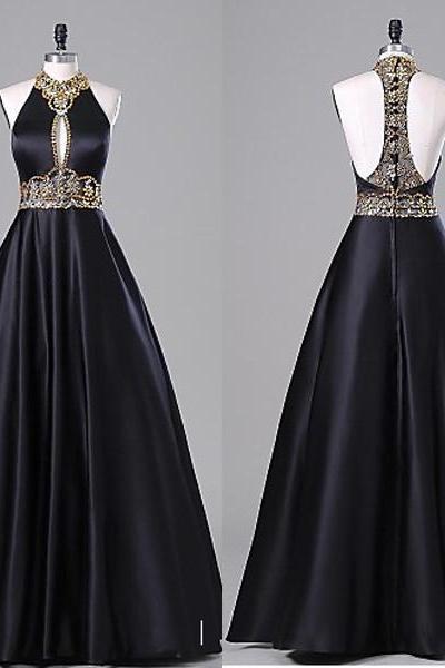 Empire Waist Black Ball Gown Backless Prom Dresses,halter Sexy Evening Dress, Graduation Dress, Pl0457