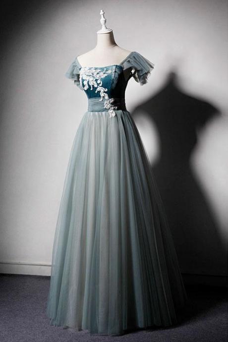 Blue Gray Velvet Formal Prom Dress,pl0461