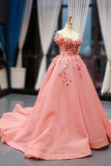 Coral Pink Ball Gown With 3d Flowers,pl0465