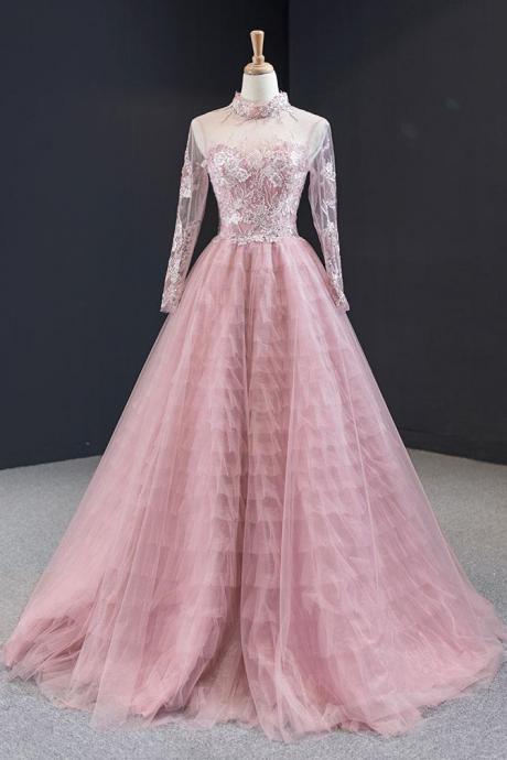 Pink Evening Dress With Illusion Neckline, Pl0466