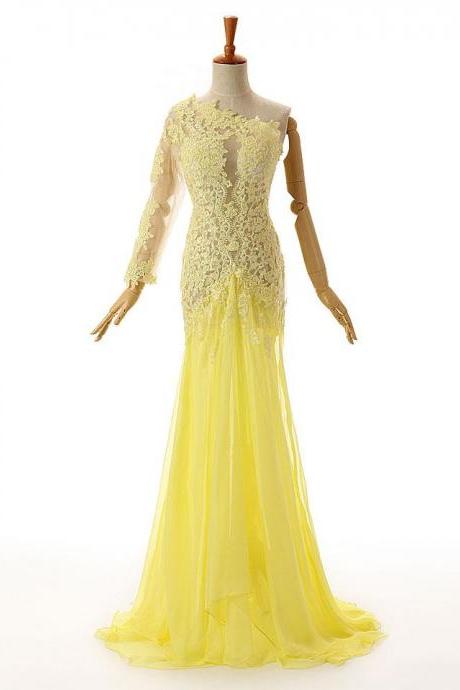 Yellow One Shoulder Lace Formal Prom Evening Dress,pl0478
