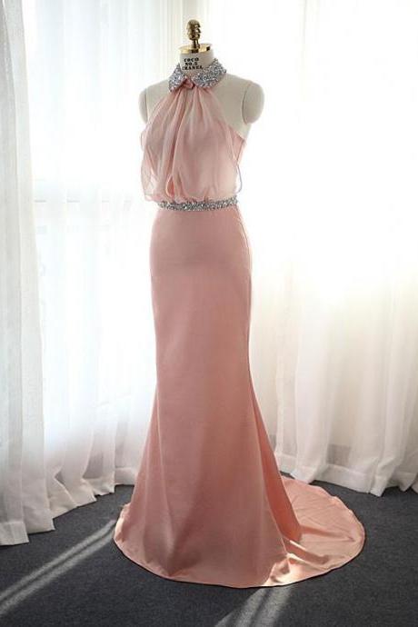 Pink Halter Formal Evening Dress With Collar,pl0481