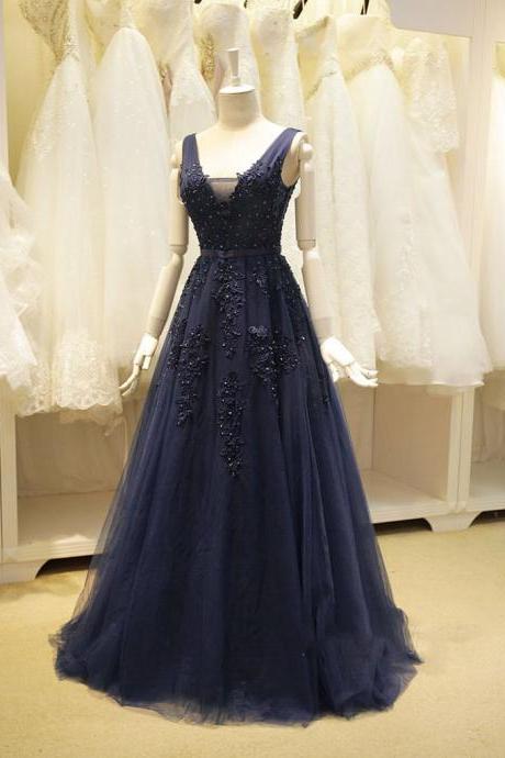 Navy Blue Long Tulle Formal Evening Dress,pl0491
