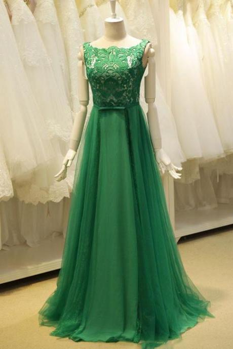 Modest Green Long Lace Formal Evening Dress,pl0492