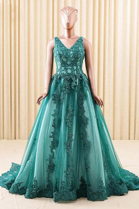 Dark Green Lace Formal Ball Gown Evening Dress With Low Back,pl0499