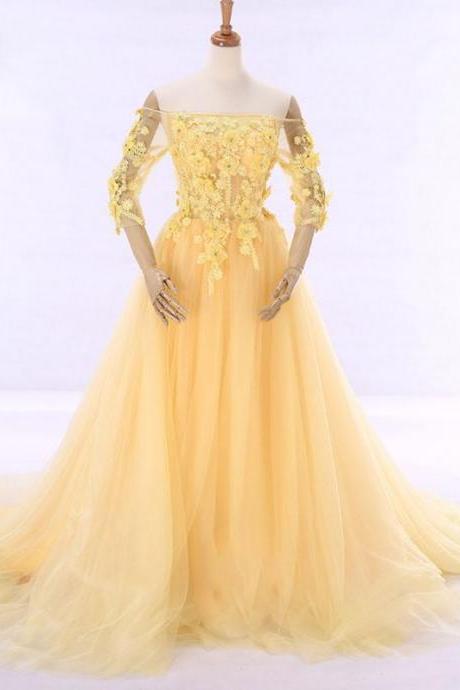 Yellow Off Shoulder Formal Evening Gown With Daisy Flowers,pl0500