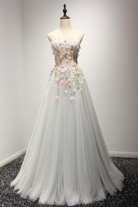 Strapless Soft Gray Prom Formal Home Coming Dress With Flowers,pl0514