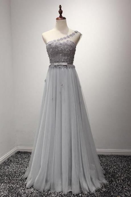 Gray One Shoulder Grecian Prom Formal Dress With Daisy Flower,pl0515