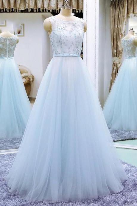 Powder Blue Long Evening Dress with Flowers,PL0517