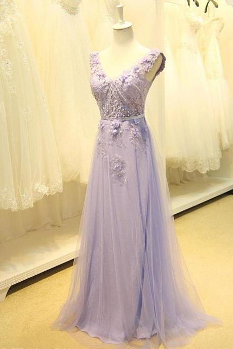 V Neck Lavender Floral Formal Prom Dress,PL0532