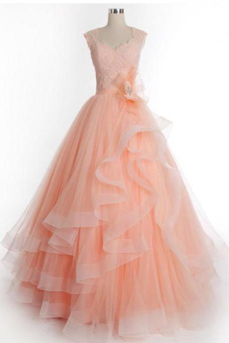 Peach Lace Princess Prom Formal Dress With Cap Sleeves,pl0536