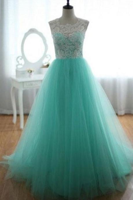 Turquoise Modest Lace Tulle Formal Prom Evening Dress,PL0539