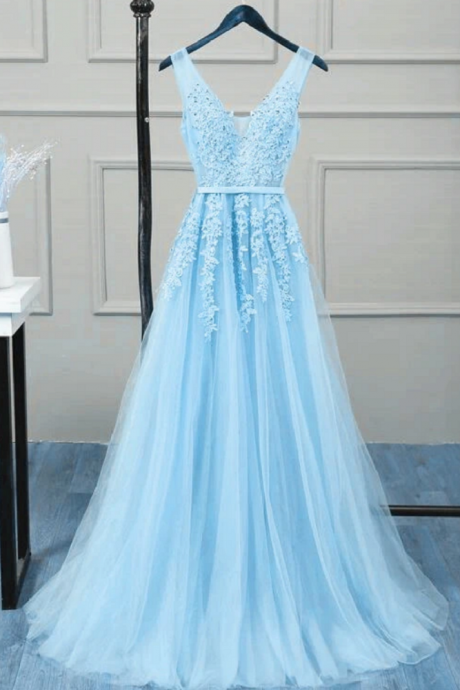 Romantic Tulle Lace V Back Sky Blue See Through Prom Dress Formal Dress,pl0543