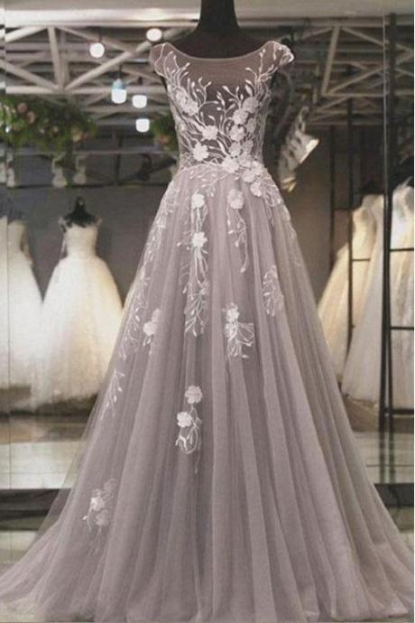 Grey Jewel Neck Cap Sleeves A-line Prom Dress,robe De Ball,pl0548