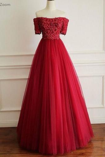 Red Custom Made Off Shoulder Senior School Tulle Prom Dress,Freshman Dress,PL0553