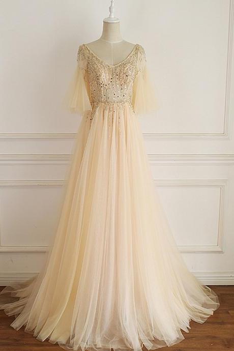 Gorgeous Tulle Champagne Prom Dress With Beadings, A-line Long Formal Gown,pl0564