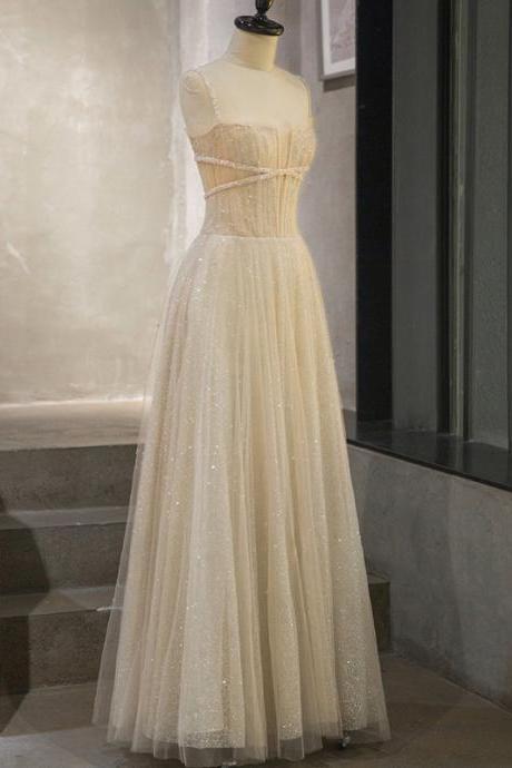 Beautiful Light Champagne Tulle Long Beaded Prom Dress, Elegant Formal Gown,PL0574