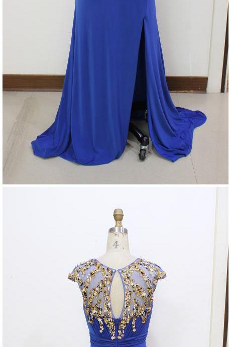 Real Image Picture Evening Dresses Sexy Royal Blue Side Slit Flower Backless Long Formal Prom Party Gowns Gowns,pl0588