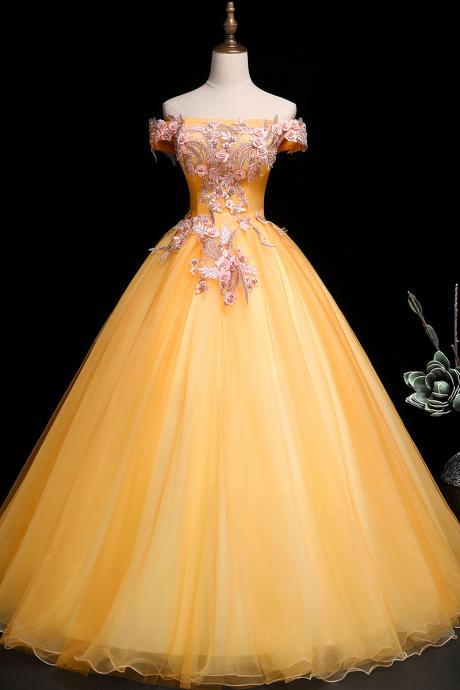 Beautiful Light Yellow Tulle Ball Gown Off Shoulder Sweet 16 Dress, Yellow Prom Dress,pl0590