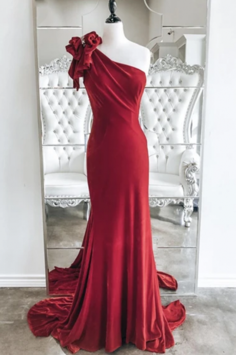 Velvet Long Prom Dress One Shoulder Evening Dress,pl0596