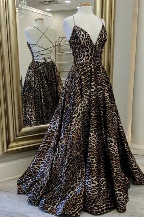 Unique Leopard Spaghetti Straps Prom Dresses A-line Evening Dresses,PL0602